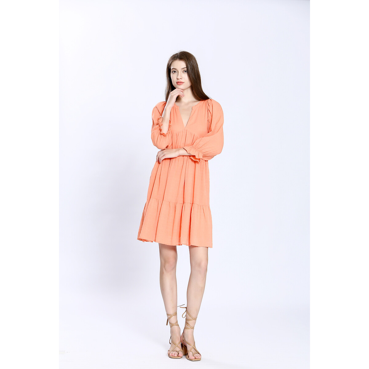 Robe col V, à volants orange, SEE U SOON