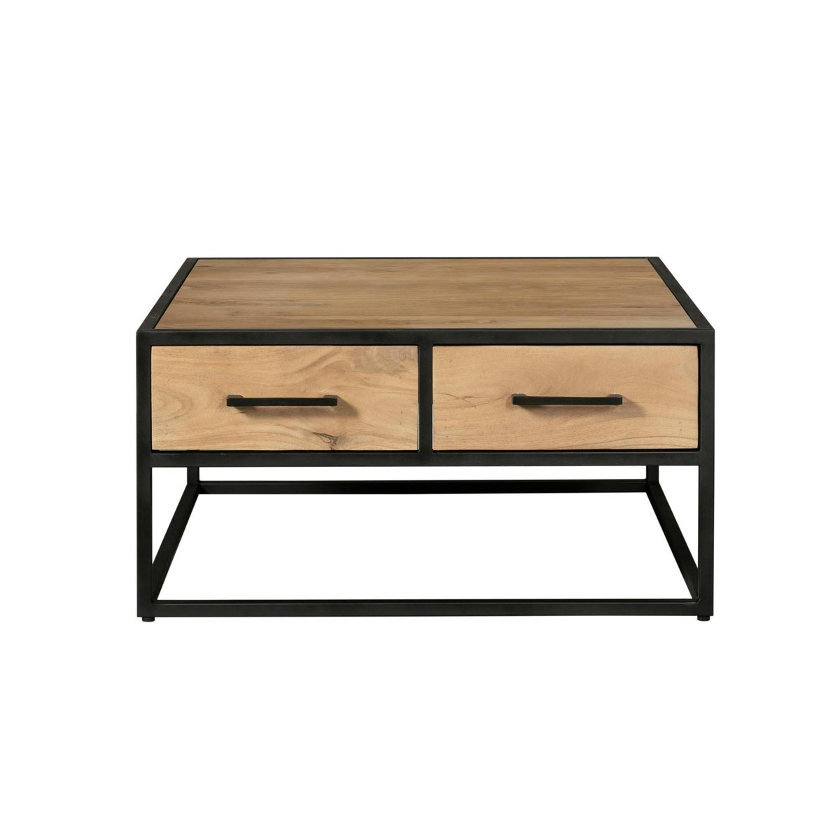 Table basse carrée bois clair métal noir 4 tiroirs RIVANO bois naturel, PIER IMPORT