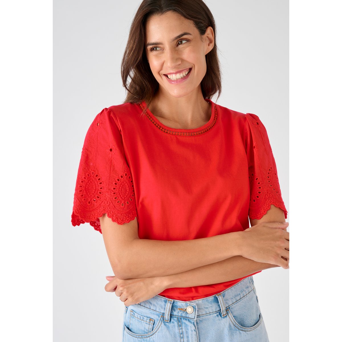 T-shirt pur coton manches brodées rouge, DAMART