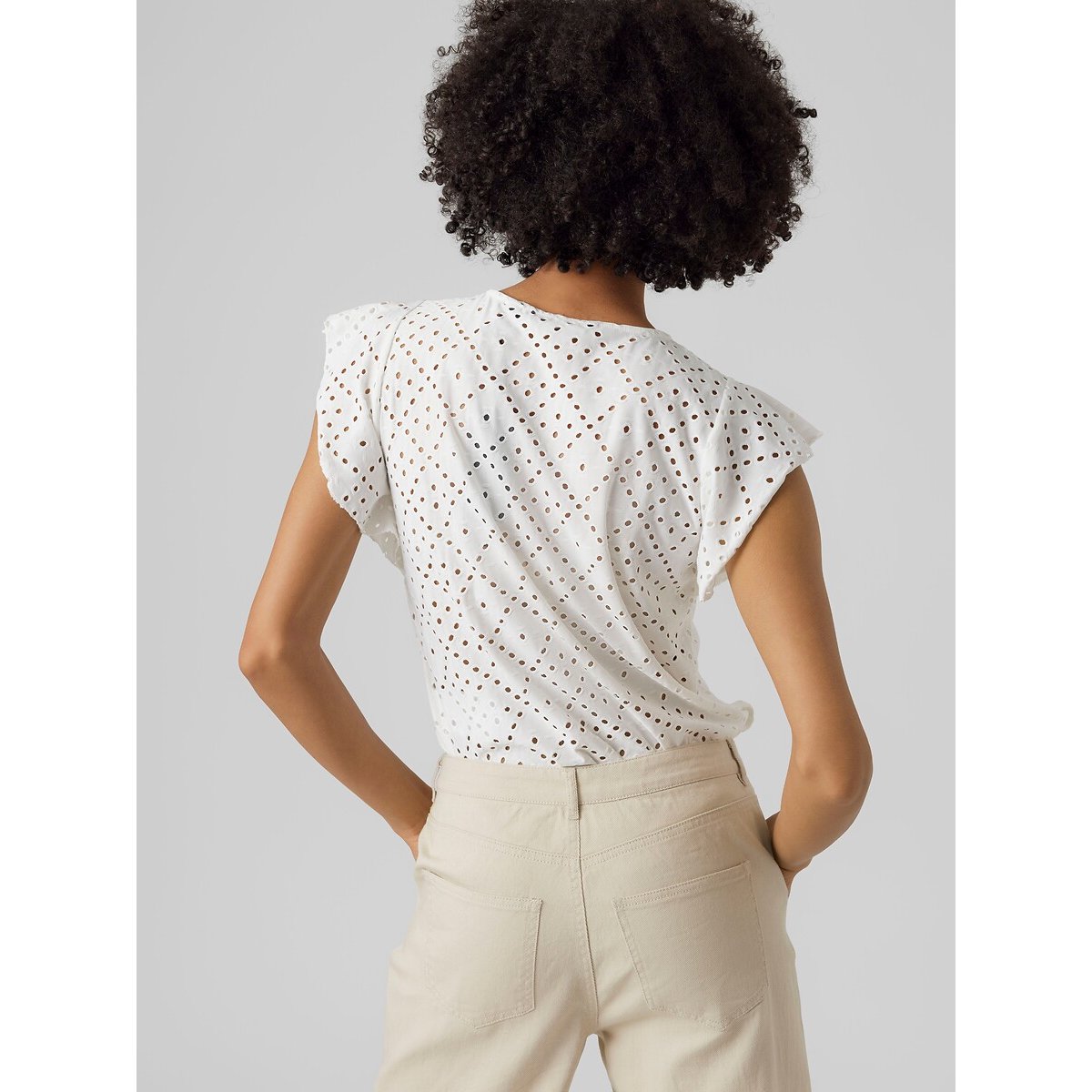 T-shirt traforata, collo rotondo, maniche corte bianco, VERO MODA