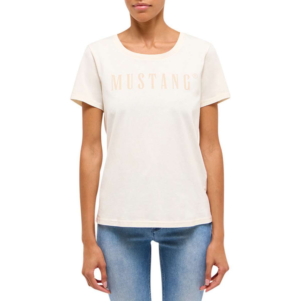T-shirt en coton écru uni pourvu d'une coupe droite et d'un col rond beige, MUSTANG