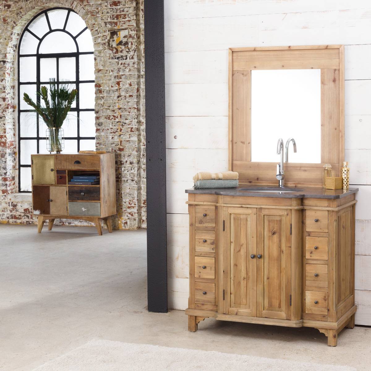 Meuble sous vasque en bois recyclé BIANCA bois clair, MADE IN MEUBLES 