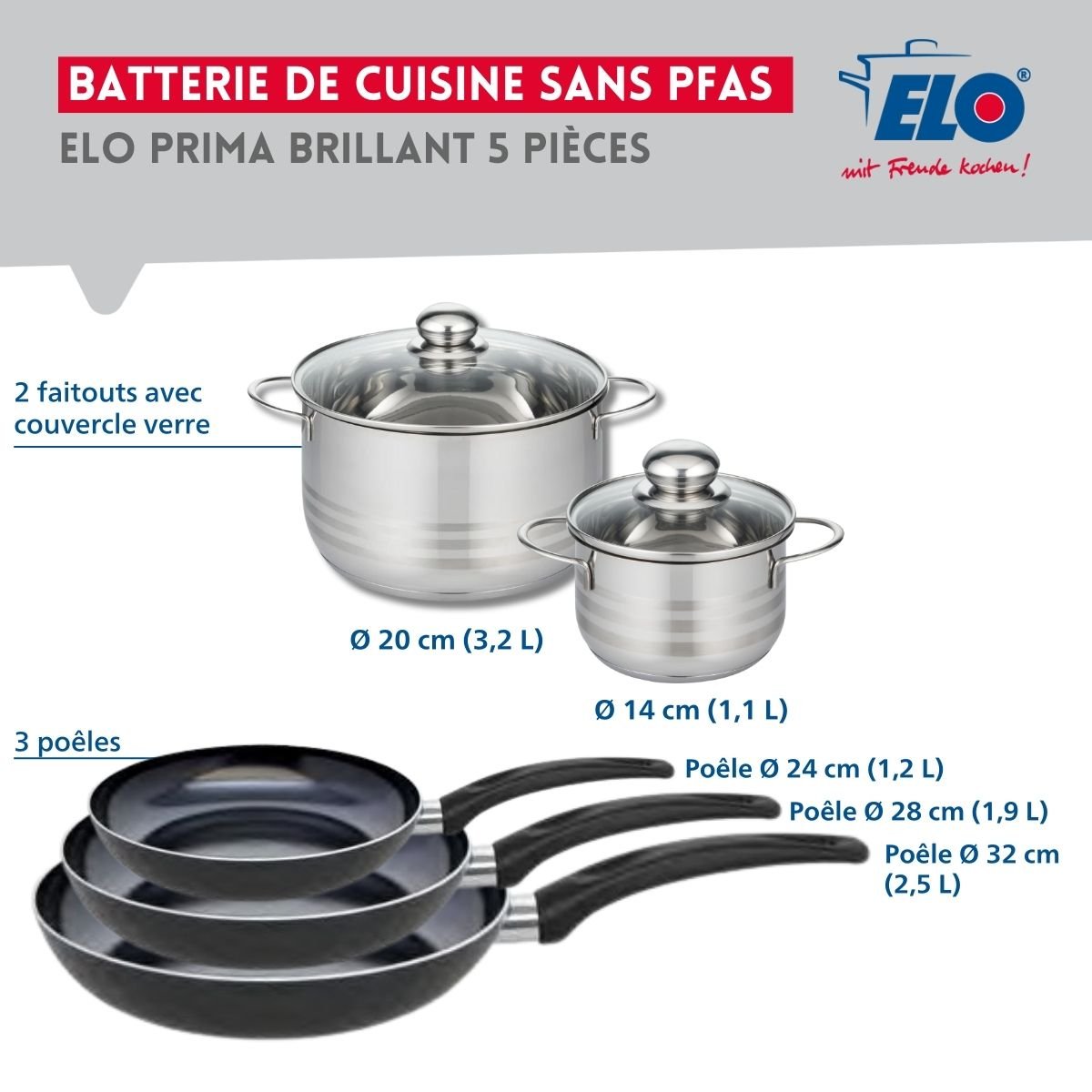 Batterie 3 poêles 24/28/32cm + 2 faitouts 14/20cm PRIMA BRILLANT noir, ELO