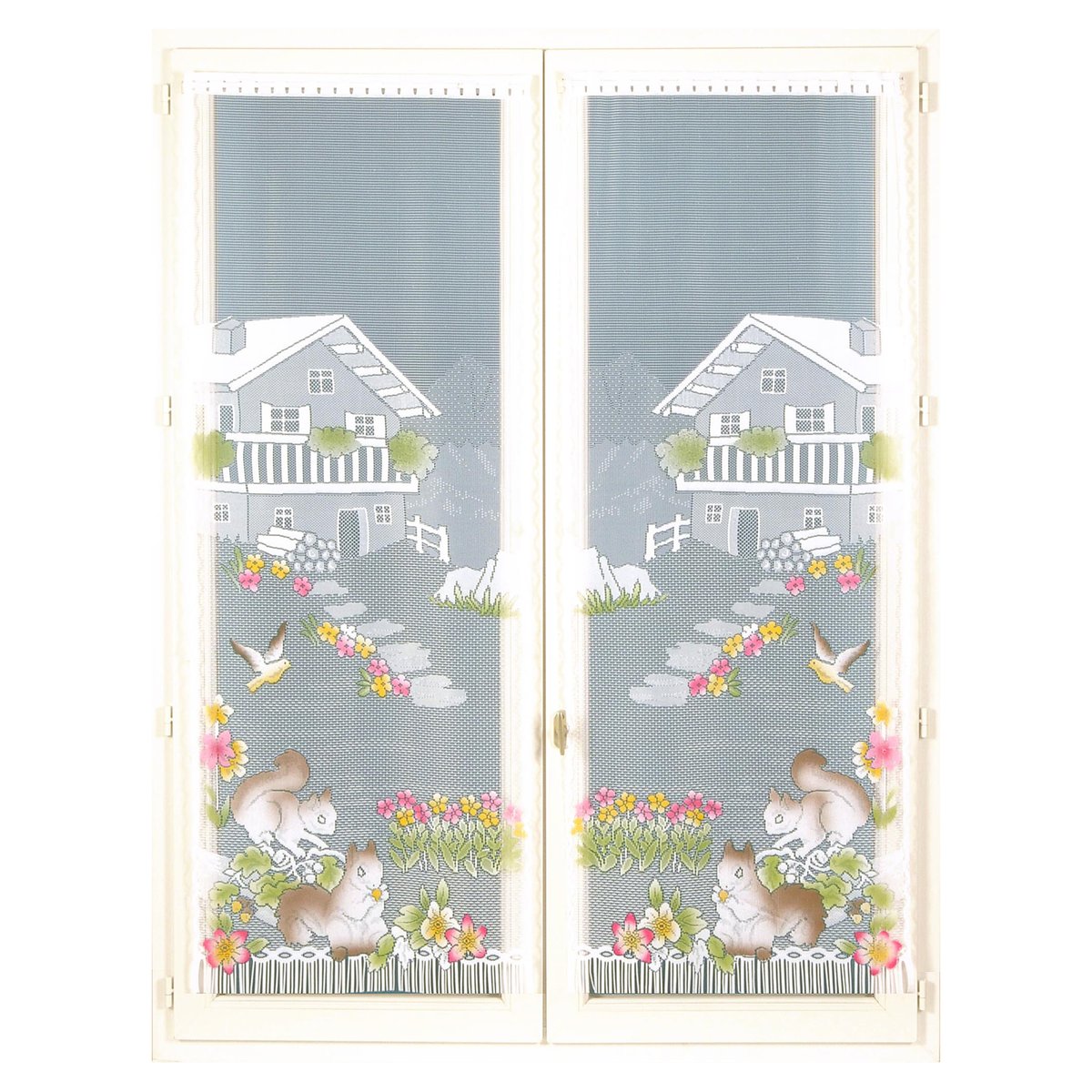 Paire de vitrages frangés en dentelle chalet et animaux vert, HOME MAISON