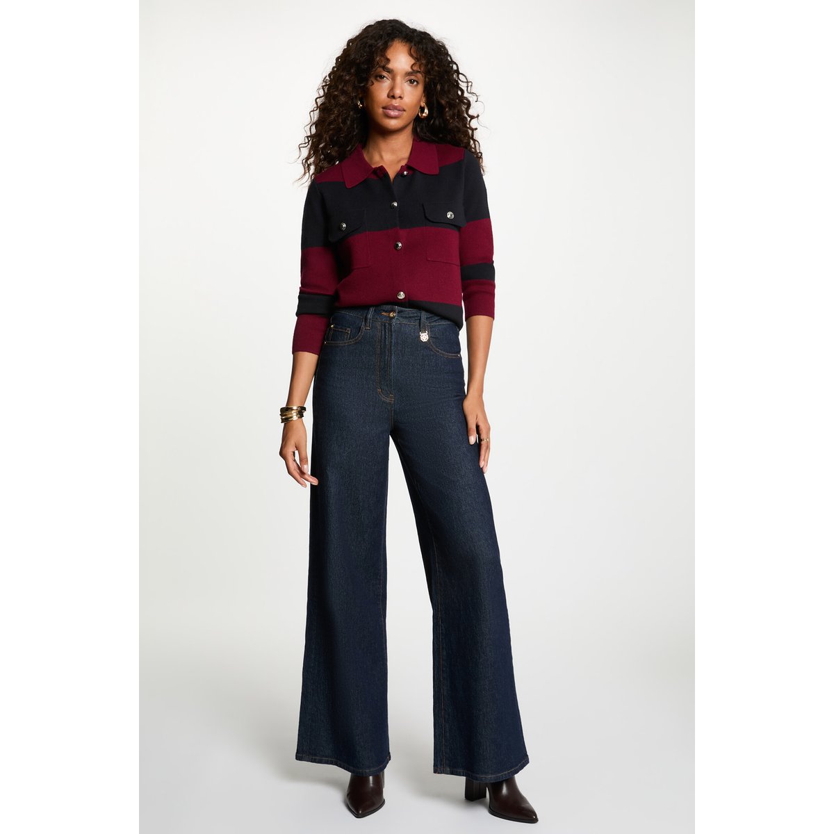 Pull col revers rayé bordeaux, MORGAN