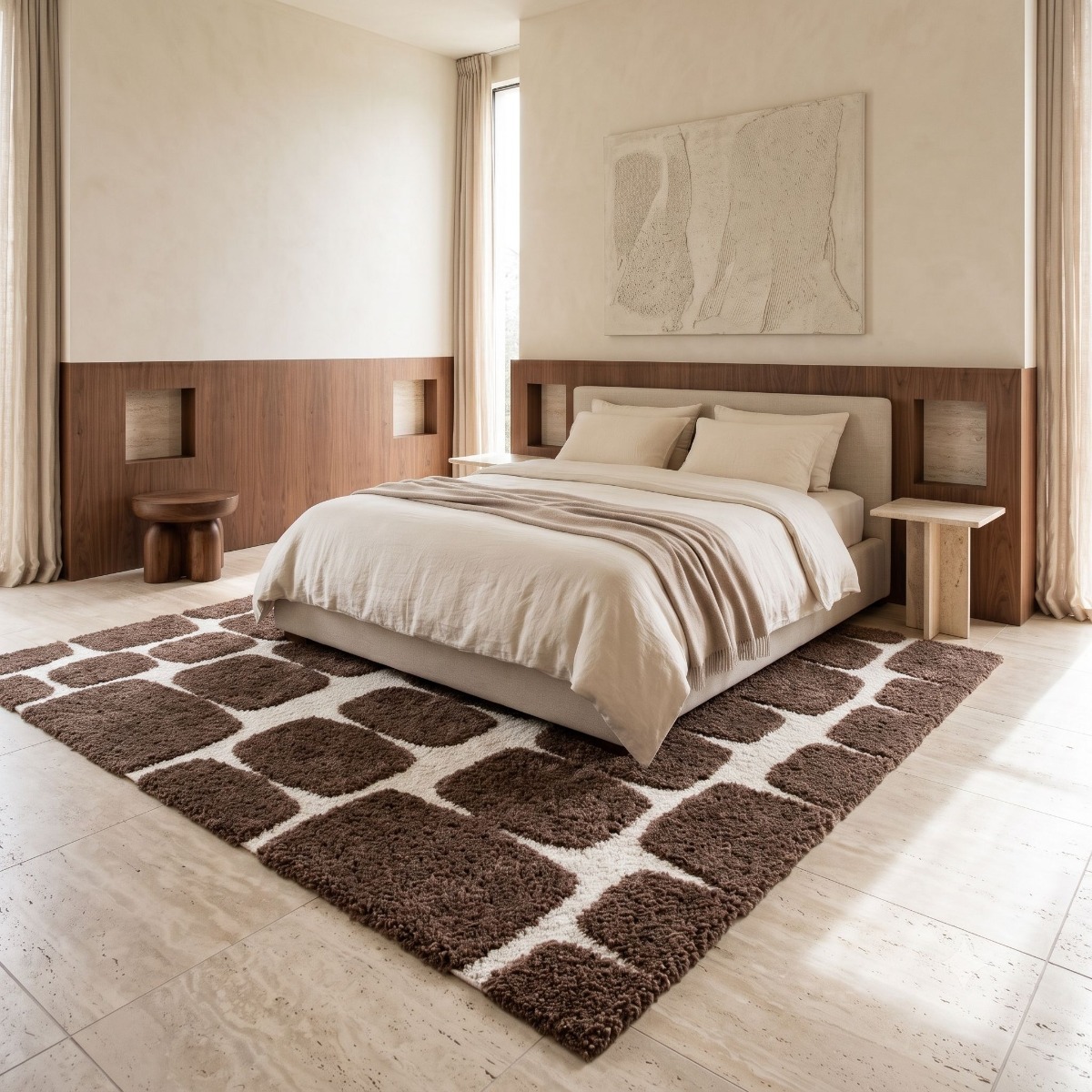 Tapis shaggy doux à relief graphique MOKA BLOCKS marron et ecru, THE DECO FACTORY