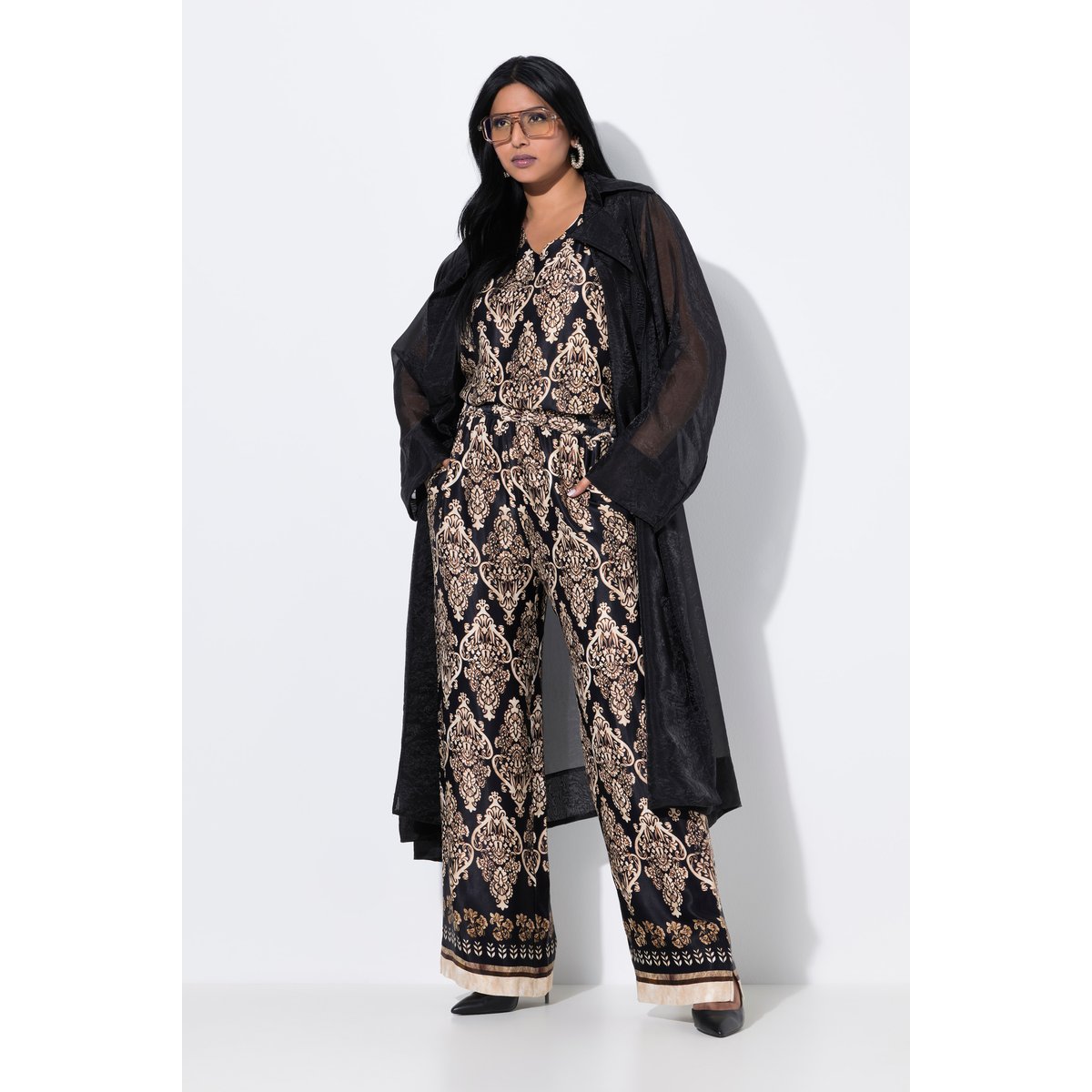 Pantalon en satin à taille élastique noir, ULLA POPKEN