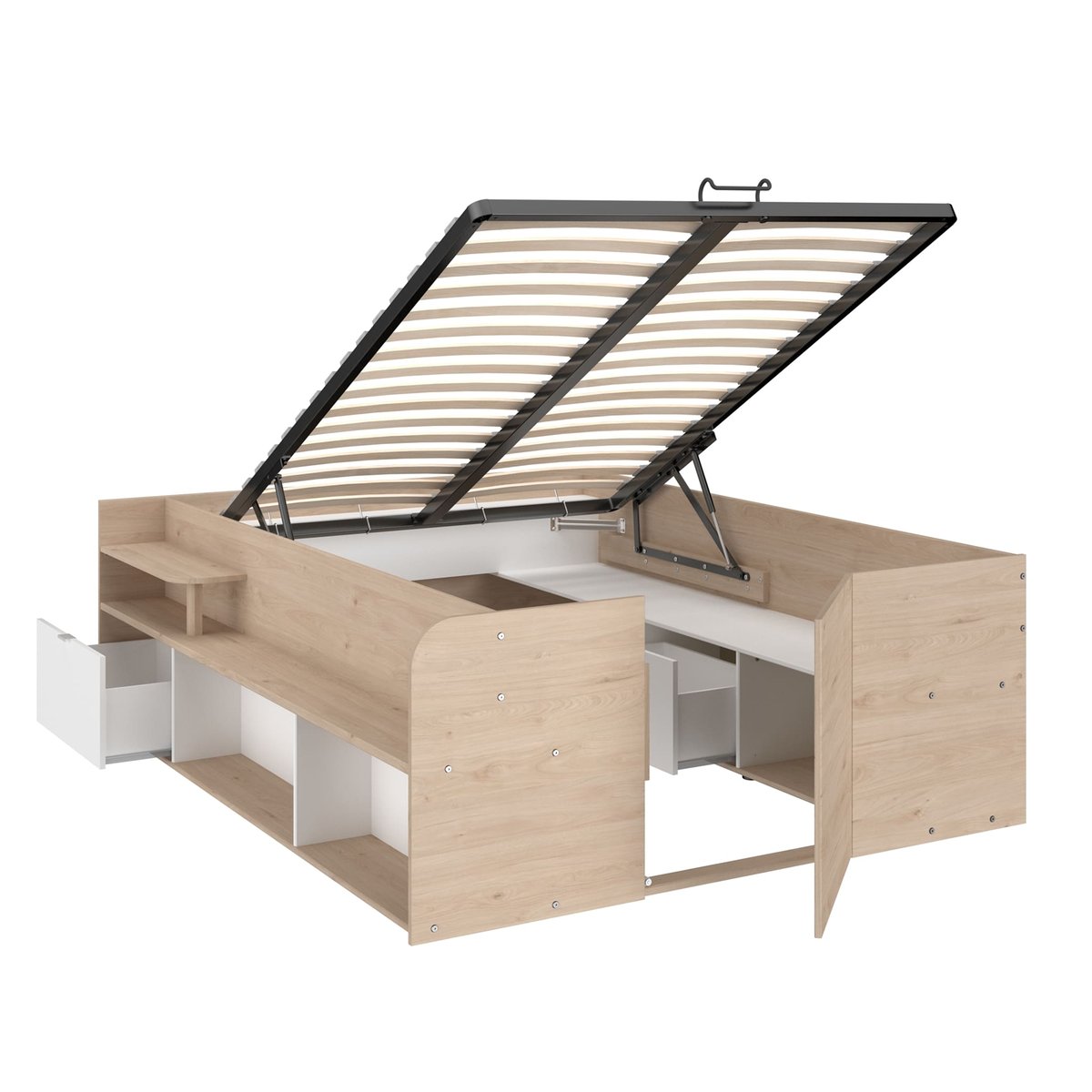 Lit coffre avec multiples rangements blanc, TERRE DE NUIT