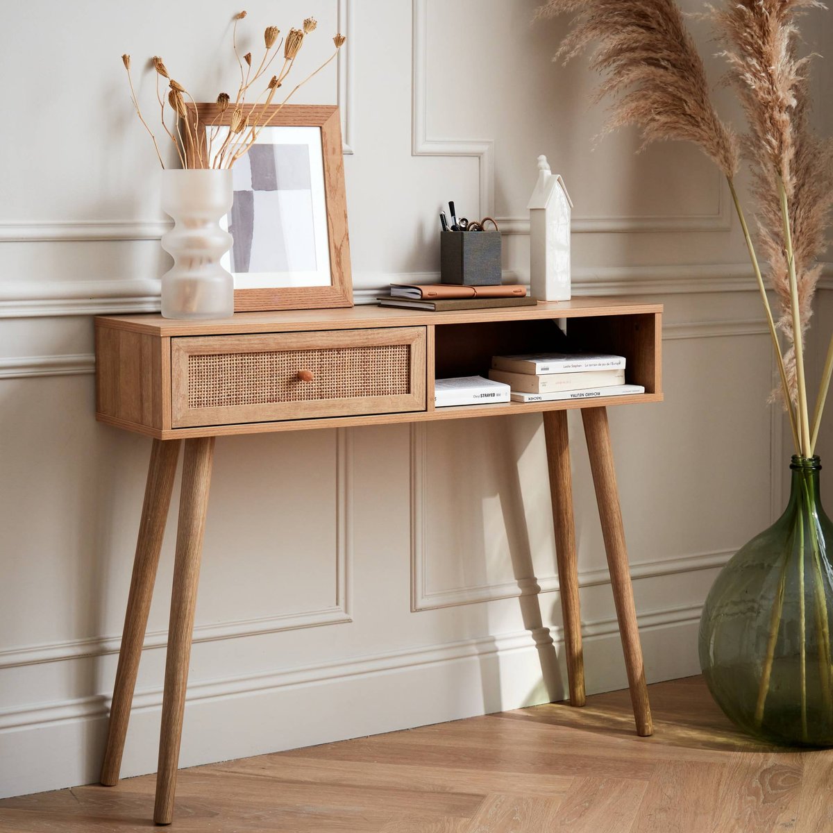 Console scandinave décor bois et cannage 1 tiroir BOHÈME naturel, SWEEEK