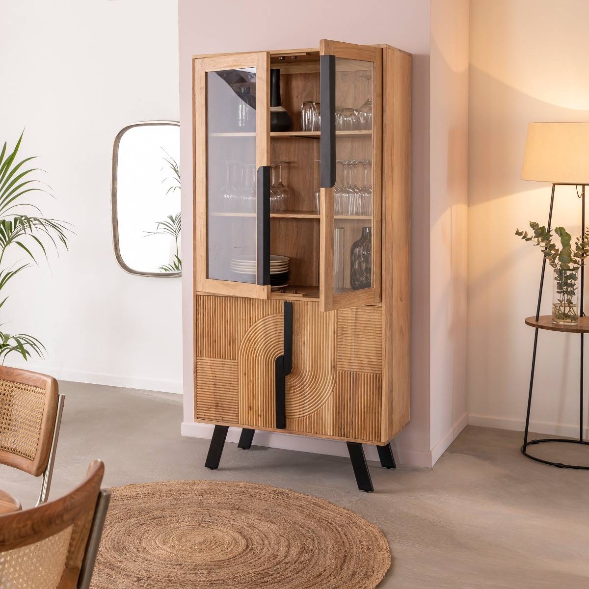 Vitrine en bois d'acacia et métal MANO bois clair, MADE IN MEUBLES