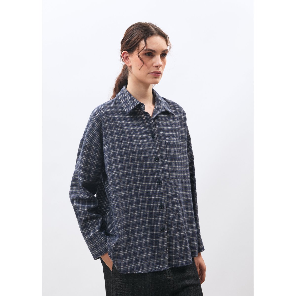 Chemise oversize manches longues à carreaux marine, HUMILITY