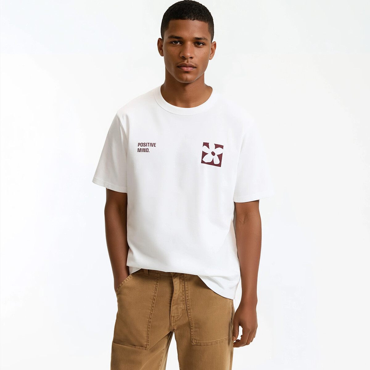 T-shirt boxy fit in cotone, stampa floreale bianco, LA REDOUTE COLLECTIONS