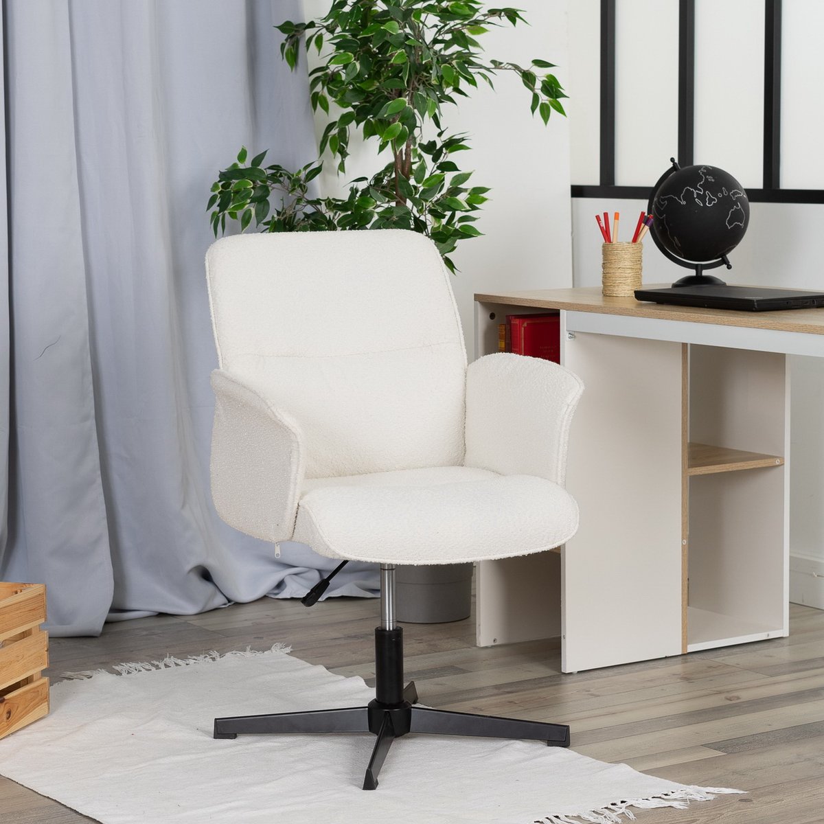 Chaise de bureau rotatif réglable en hauteur en bouclette, THOMASINAOFFICE crème, MEUBLES COSY