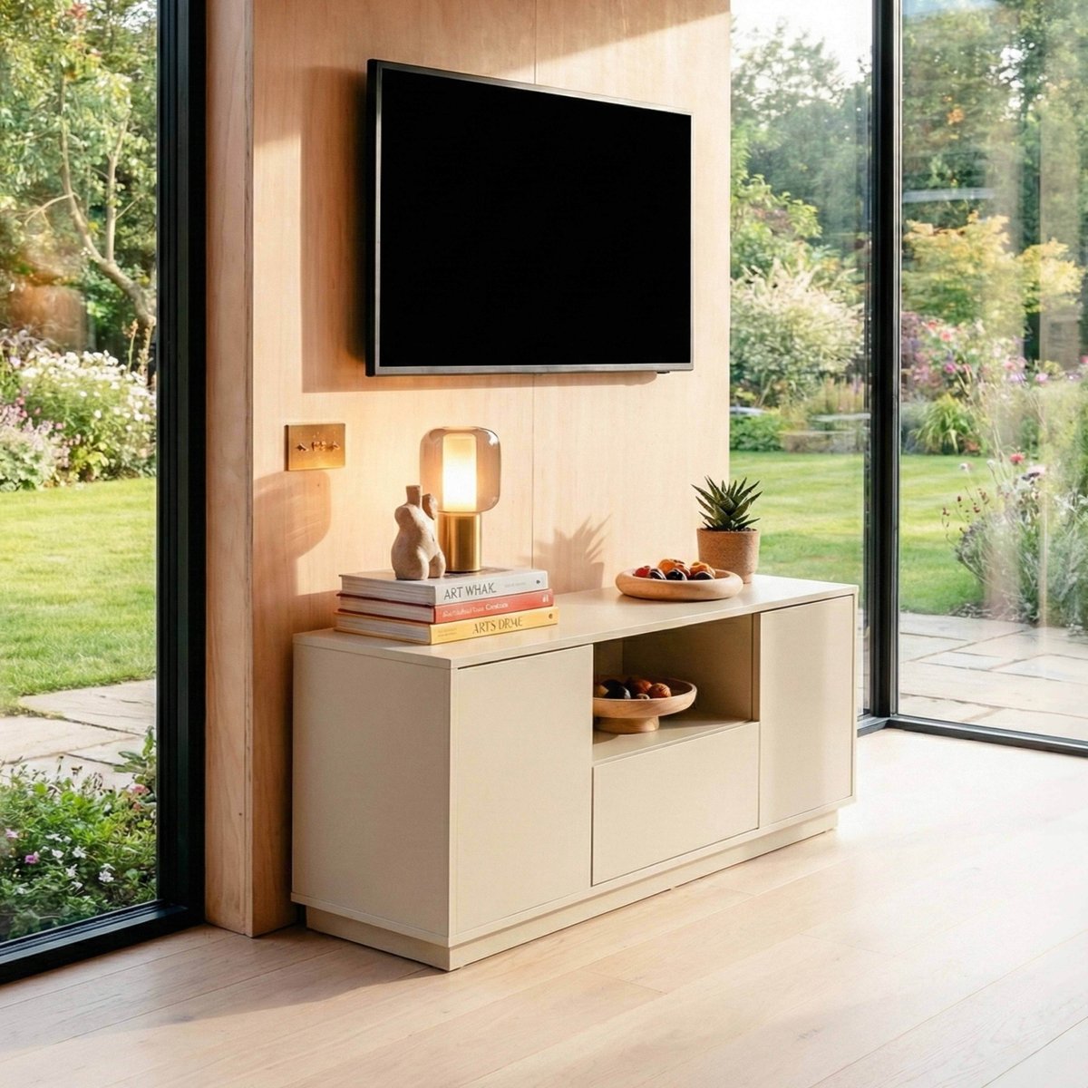 Meuble TV uni 140 cm style moderne, RUBEN ecru, OVIALA