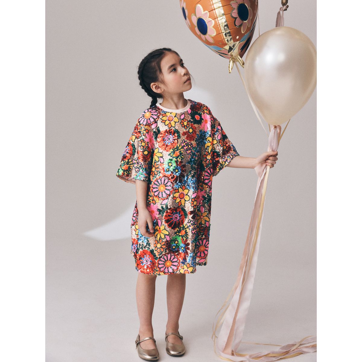 Robe t-shirt à sequins et fleurs multi rose, NEXT