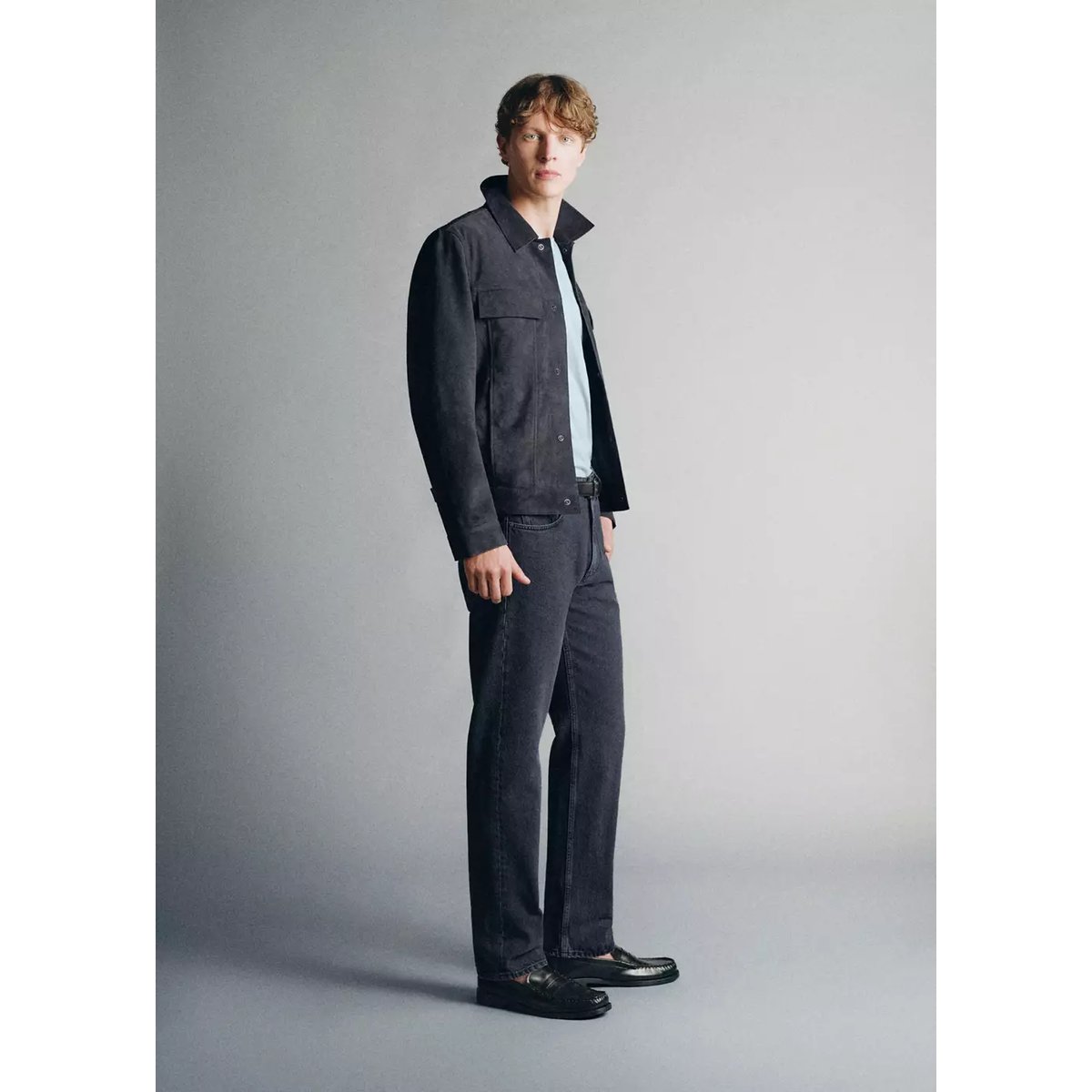 Blouson 100 % cuir daim poches bleu indigo, MANGO MAN