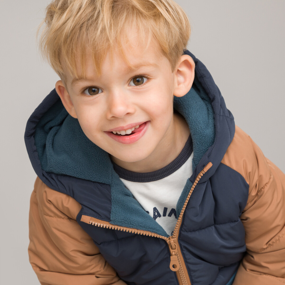 Warm Hooded Padded Jacket with Fleece Lining blue + camel, LA REDOUTE COLLECTIONS