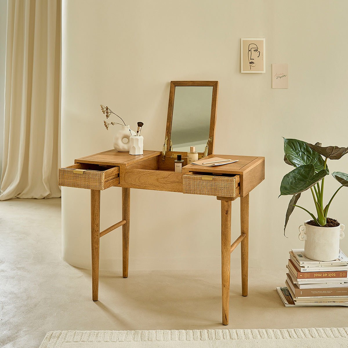 Coiffeuse en bois de manguier et cannage  FELICIE naturel, BERAH GETAH