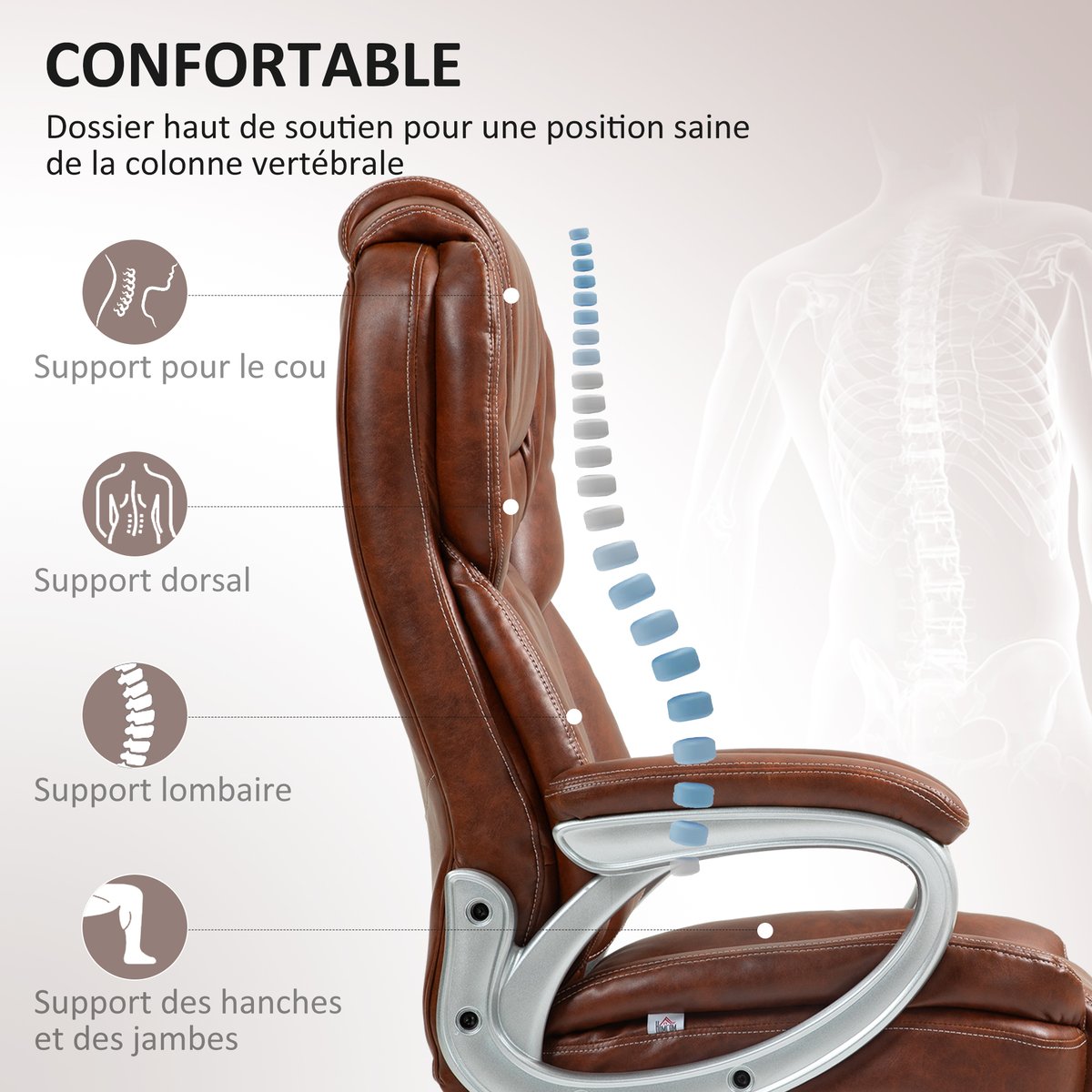 Chaise de bureau Revêtement synthétique marron, HOMCOM