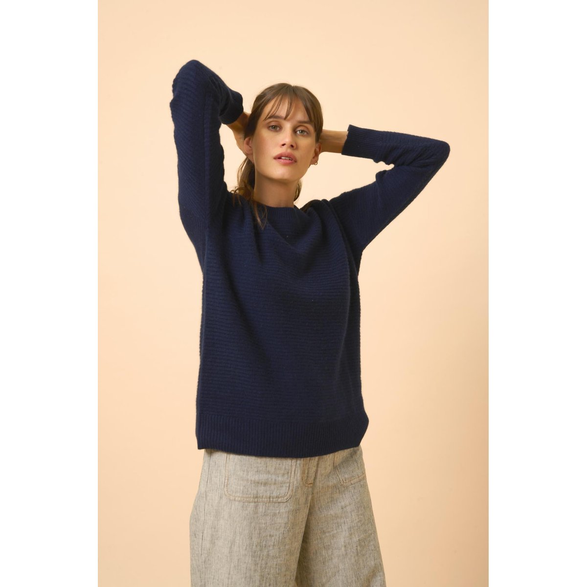 Pull Col Rond 4 Fils Navy Louna bleu foncé, JUST CASHMERE