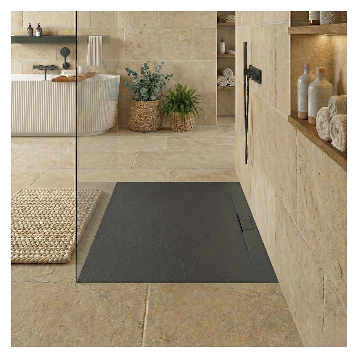 Receveur de douche mural aspect ardoise extra-plat LIVA gris anthracite, MOB IN