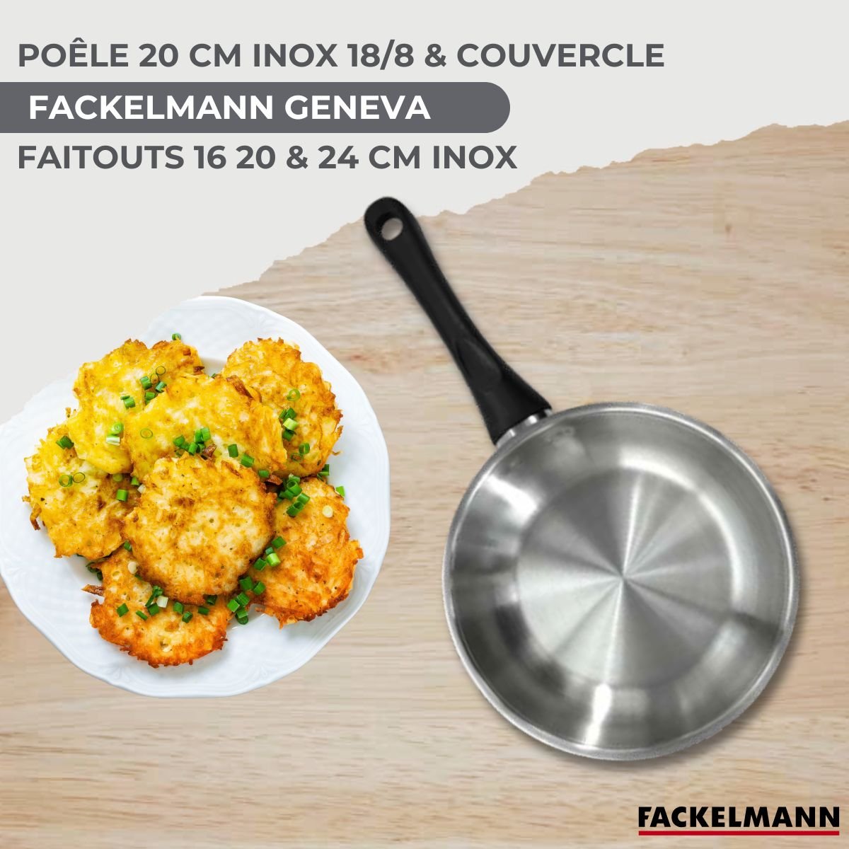 Batterie 1 poêle 20cm + 3 faitouts 16/20/24cm BRILLANT inox|noir, FACKELMANN