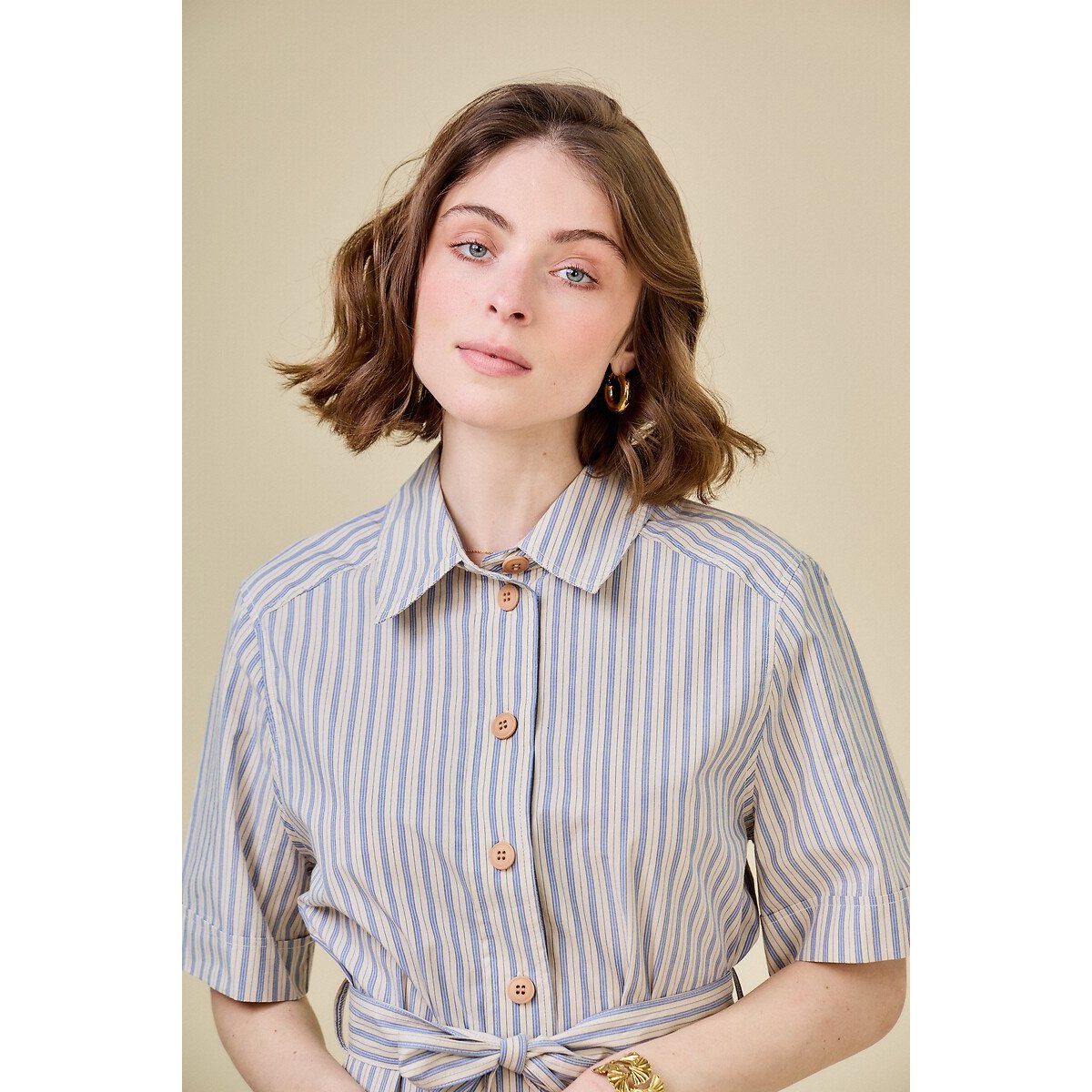Short-Sleeved Striped Shirt Dress blue, SEE U SOON