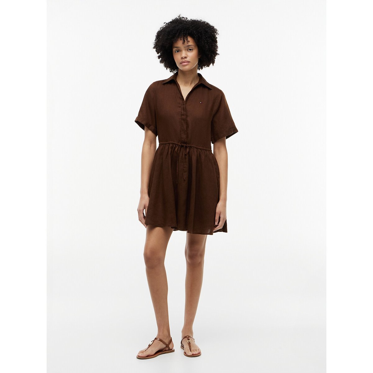 Robe courte en lin évasée manches courtes marron, TOMMY HILFIGER