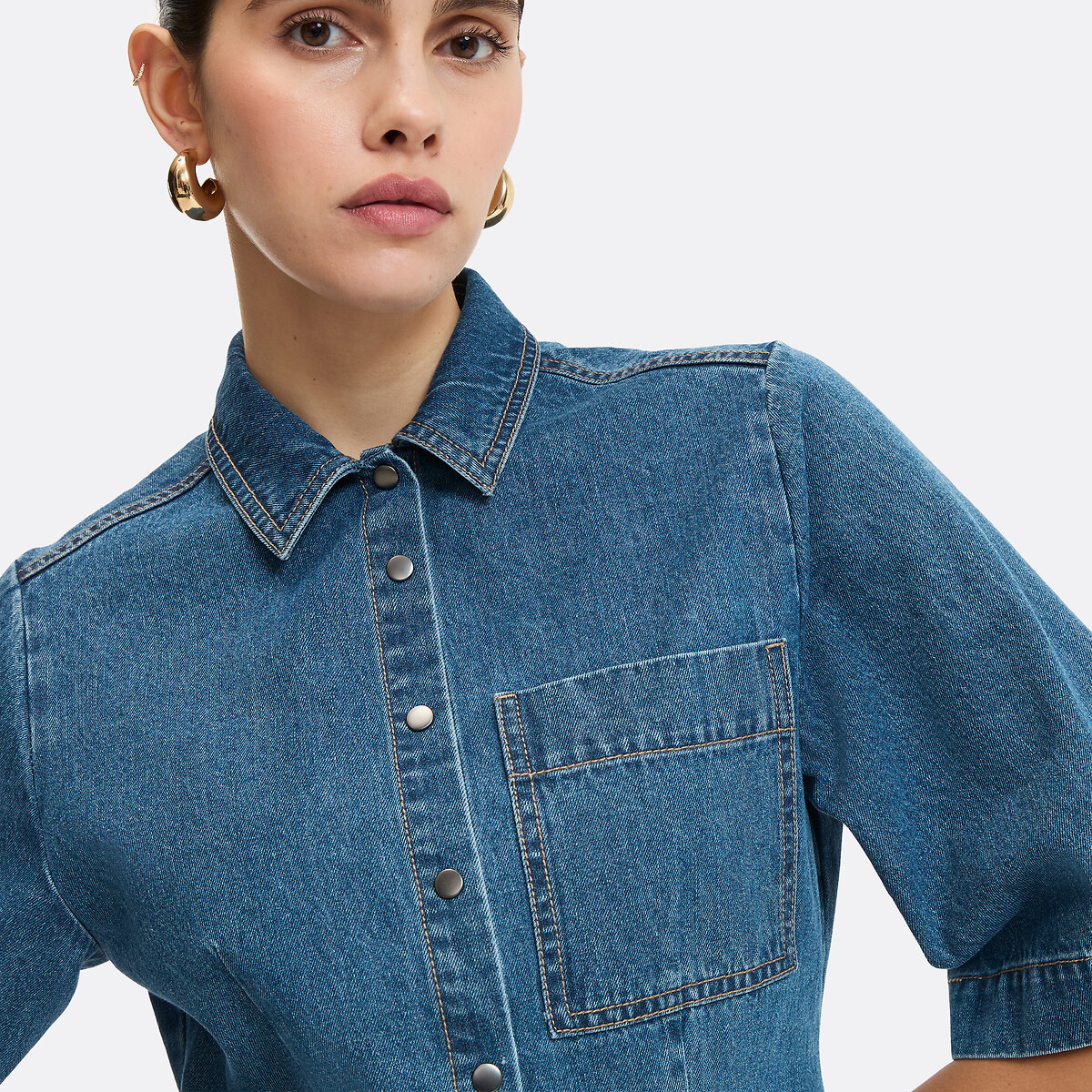 Wijde denim jurk, kort, korte mouwen, drukknopen aan de voorkant stoned denim , LA REDOUTE COLLECTIONS