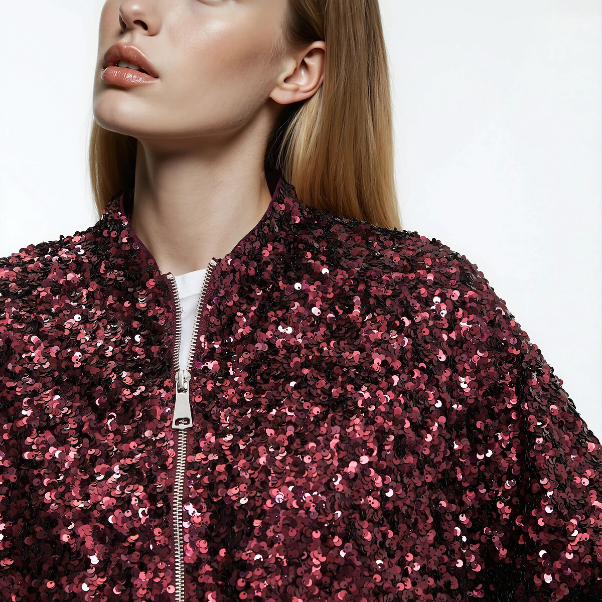 Short Oversize Loose-Fit Sequin Jacket burgundy red, LA REDOUTE COLLECTIONS