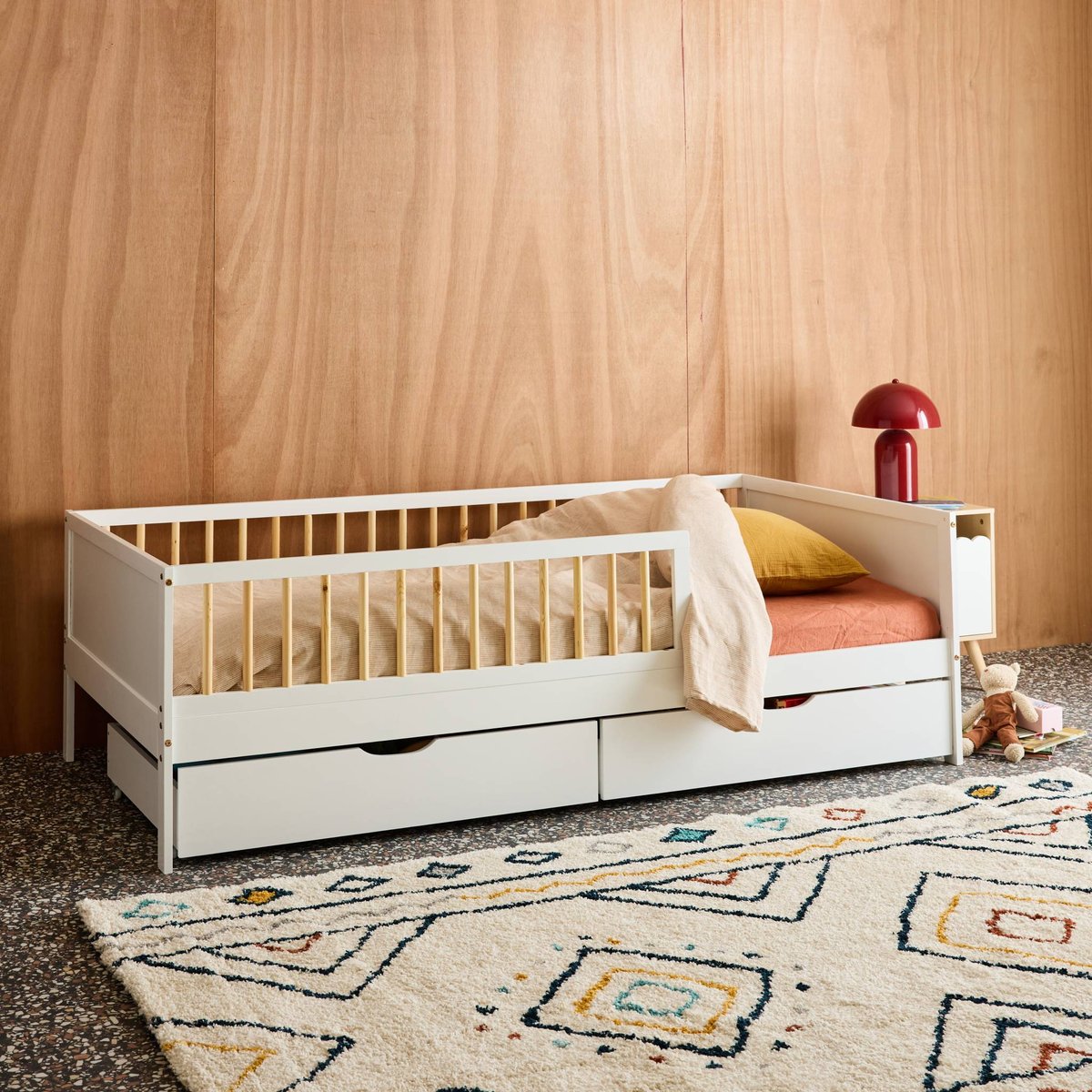 Lit enfant 90 x 190 cm pin naturel avec sommier à lattes et tiroirs ELIO blanc, SWEEEK