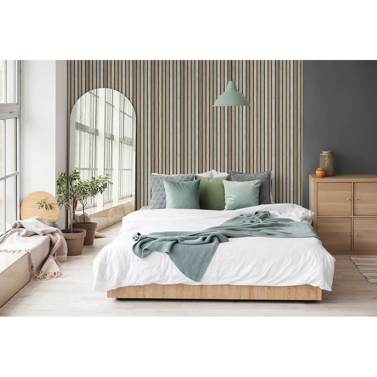 Papier peint lattes bois beige sable vert, HEXOA