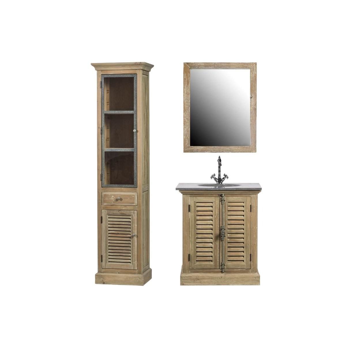 Meuble simple vasque en bois avec miroir et colonne (ensemble) - HANOÏ bois foncé, HELLIN, DEPUIS 1862