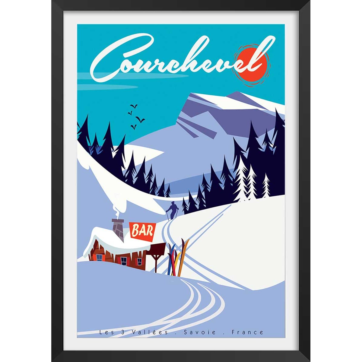 Poster ski courchevel affiche + cadre en bois - noir, HEXOA