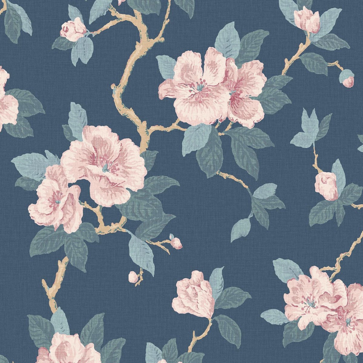 Papier peint roses du soir délicates Maya bleu, rose, LAURA ASHLEY