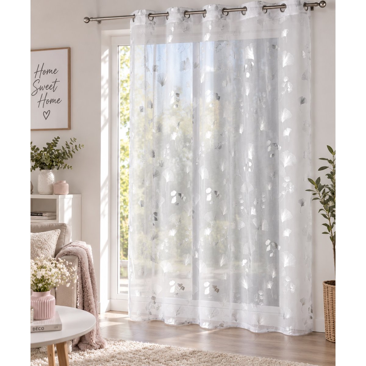 Panneau a oeillets rideau voile Bloomy blanc, EDEN