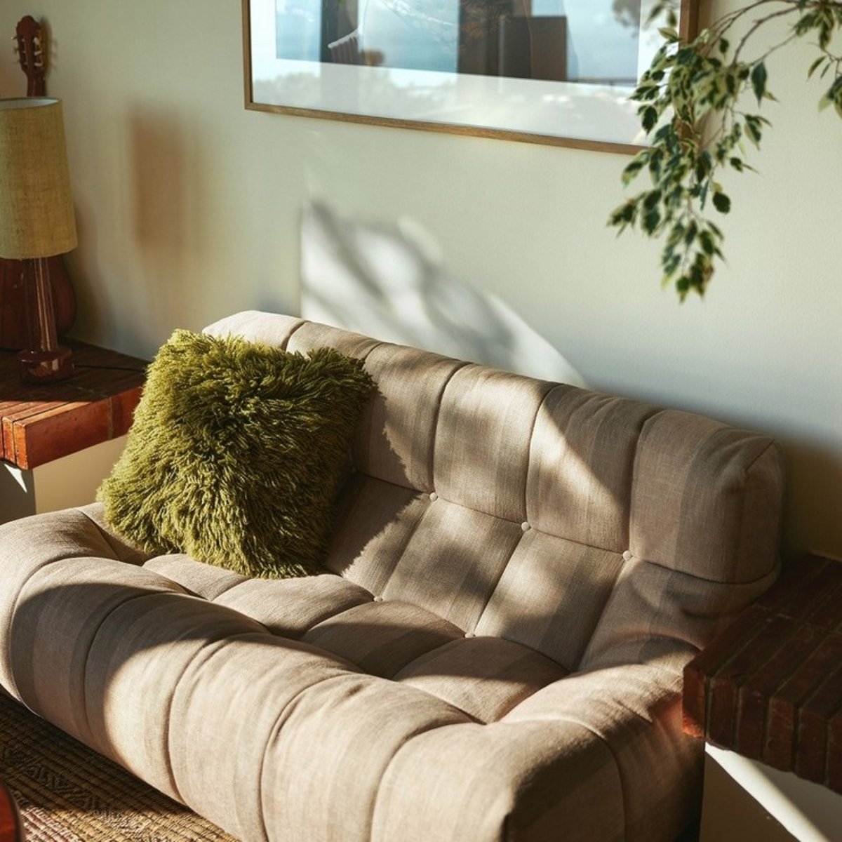 Grand coussin laine poile long HK living Fluffy vert olive, HKLIVING