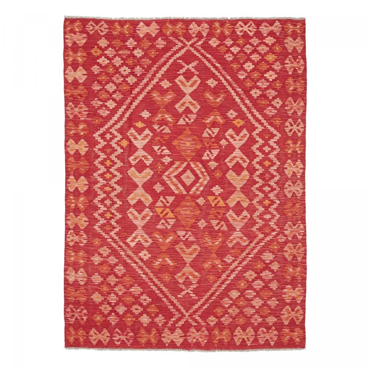 Tapis d'orient ethnique, tissé plat artisanal en laine, KILIM 17 rouge, orange, rose, UN AMOUR DE TAPIS