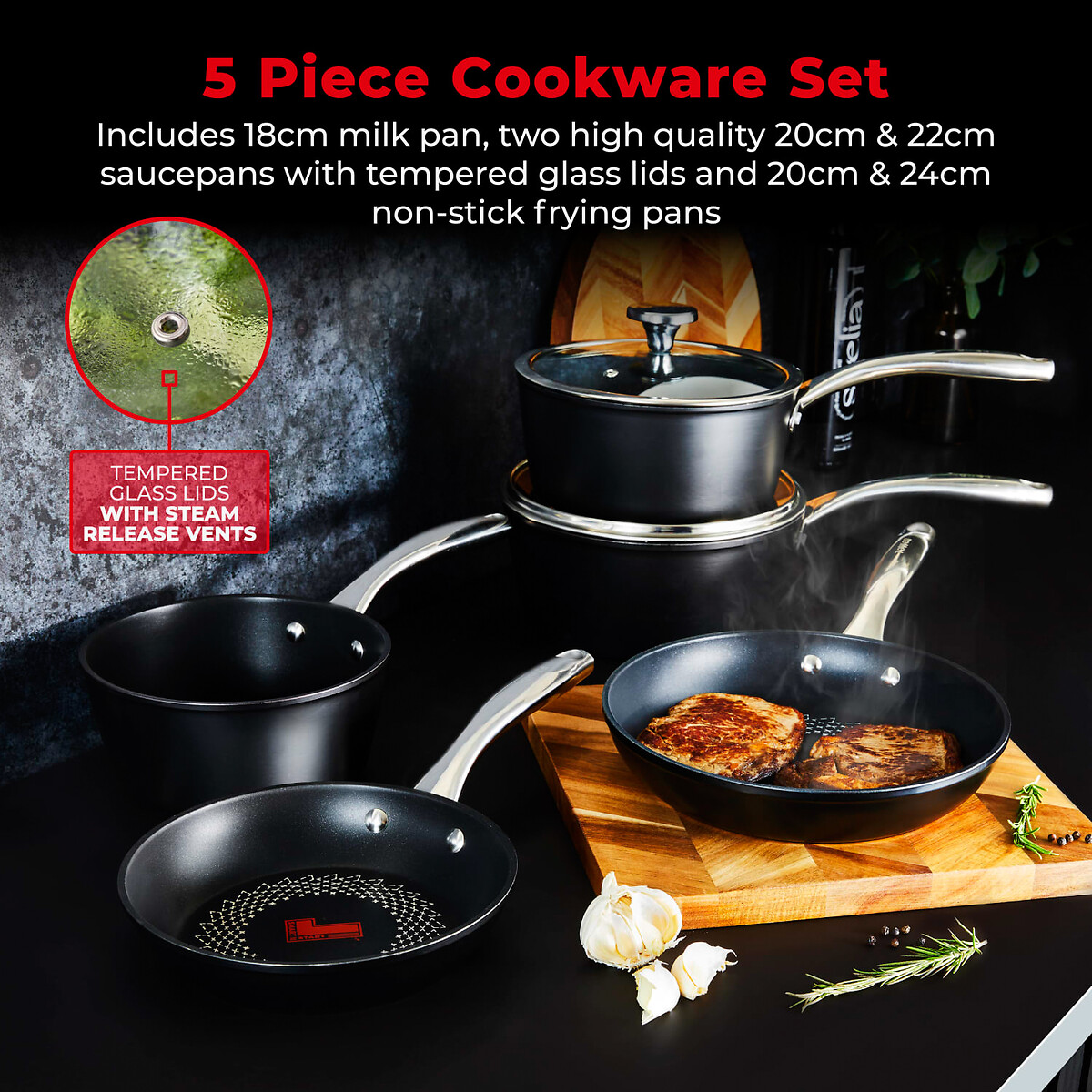 5-Piece Smart Start Ultra Forged Cookware Set black, TOWER