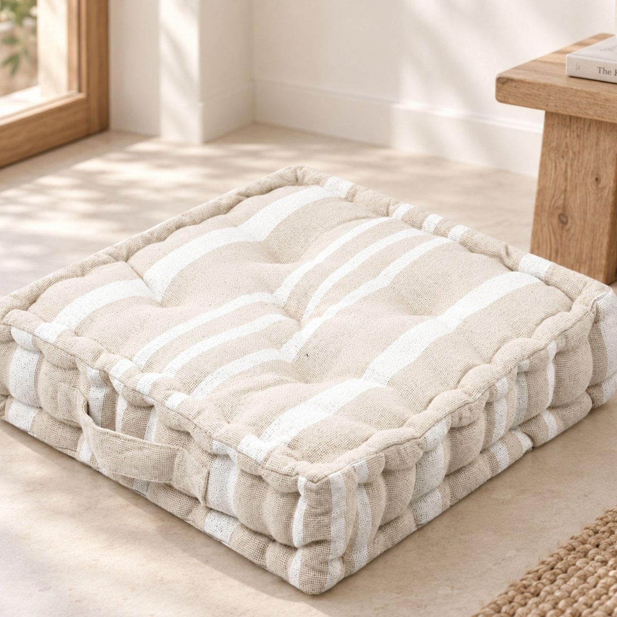 Coussin de sol 100% coton épais et moelleux à rayures crème, LOVELY CASA
