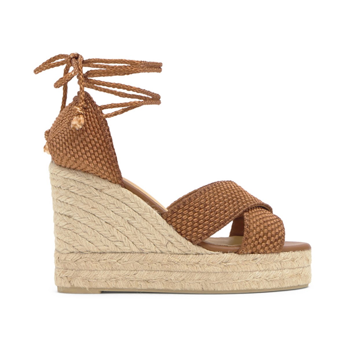 Sandales compensées en jute et rayonne tressées à lacets BECCA EXTRA PLATFORM cognac, CASTANER