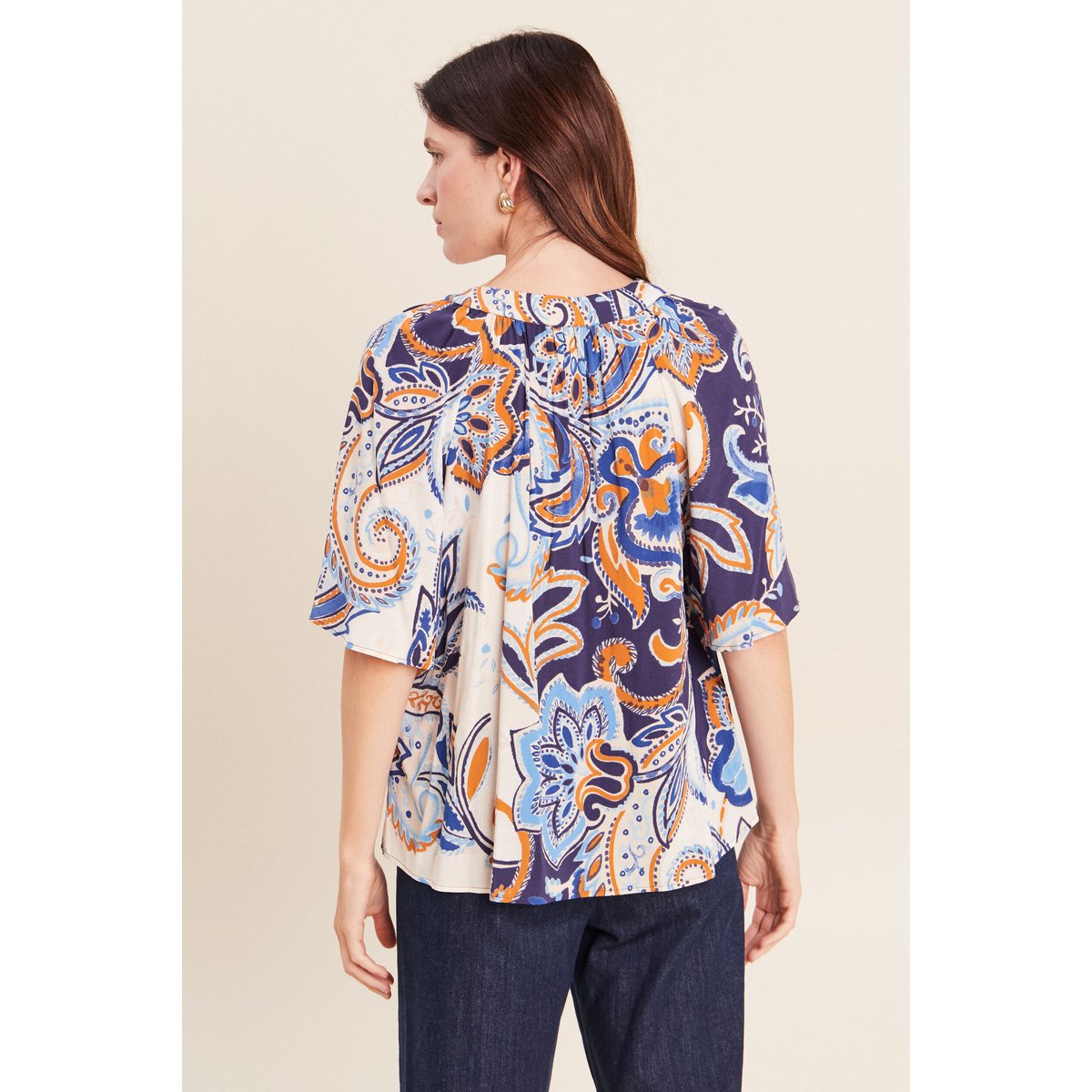 Blouse ample col v manches 3/4 bleu, BREAL