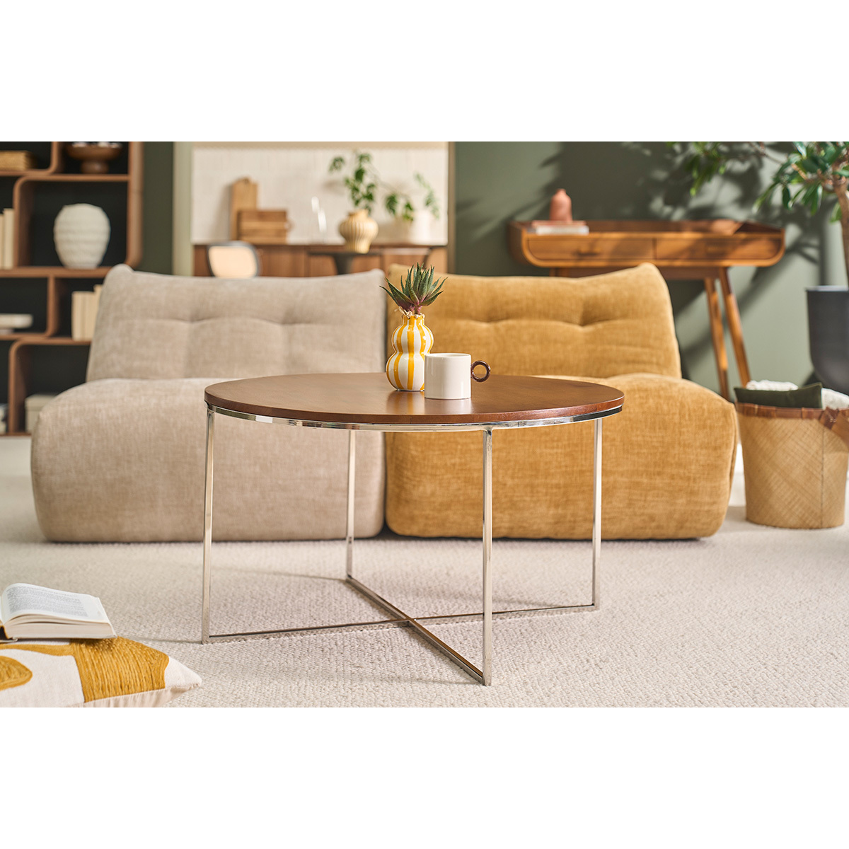 Table basse ronde bois manguier massif teinté et métal chromé D80 cm ADVITA couleur unique, MILIBOO