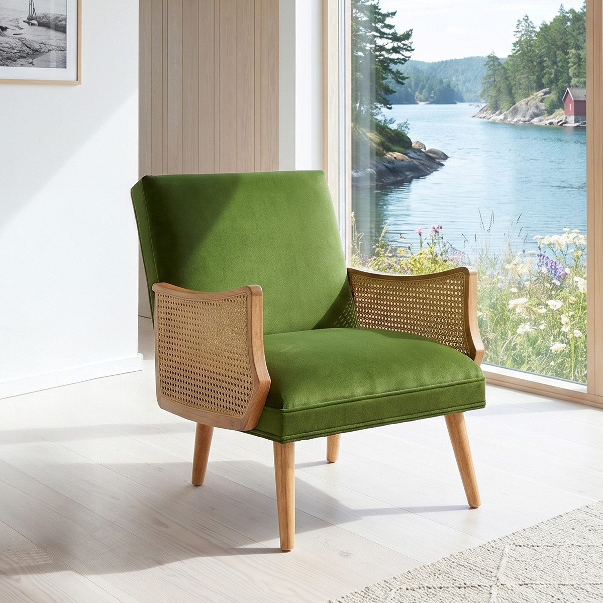 Fauteuil en hévéa, cannage et velours CUBA vert vintage, ROBIN DES BOIS