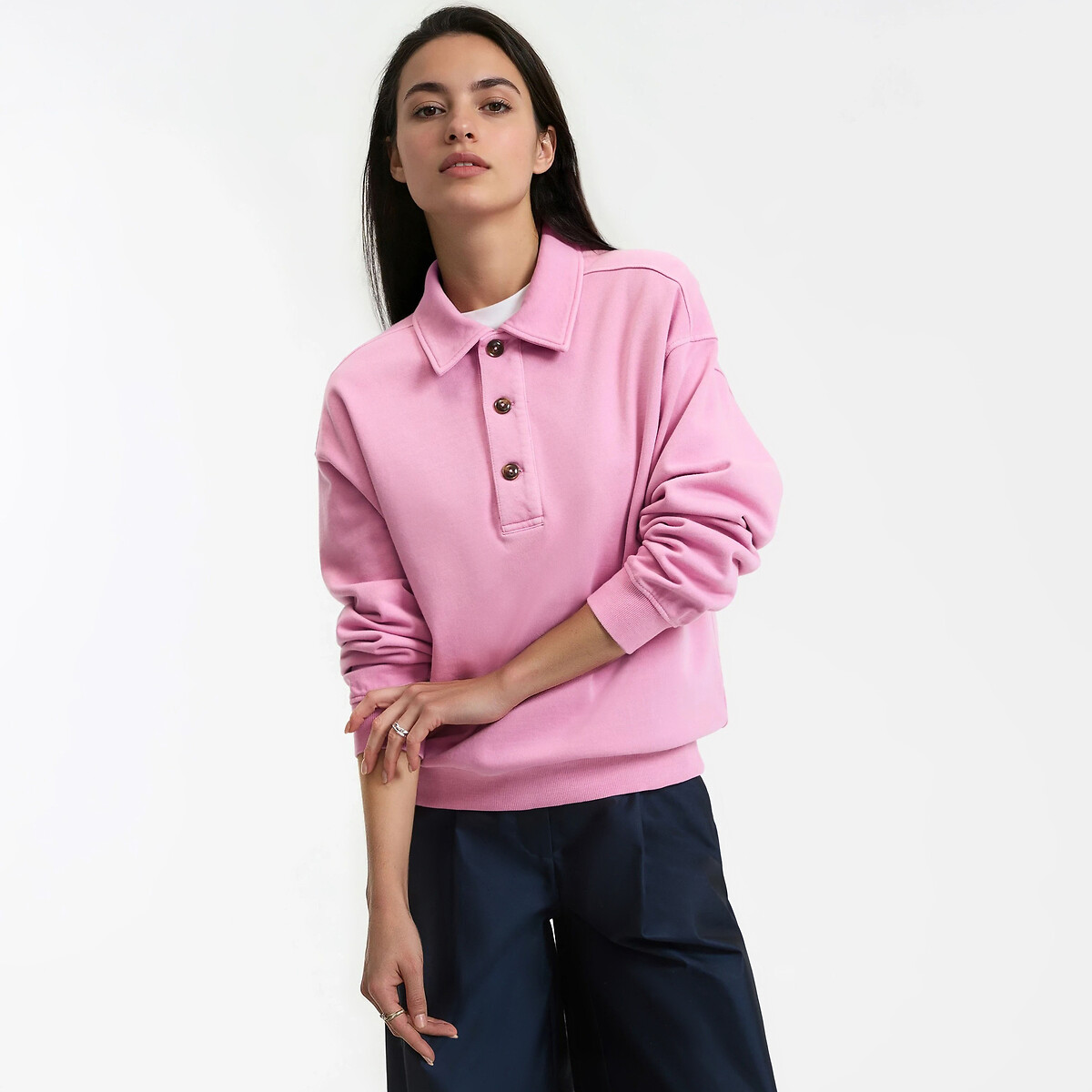 Sweat col polo, pur coton rose, LA REDOUTE COLLECTIONS