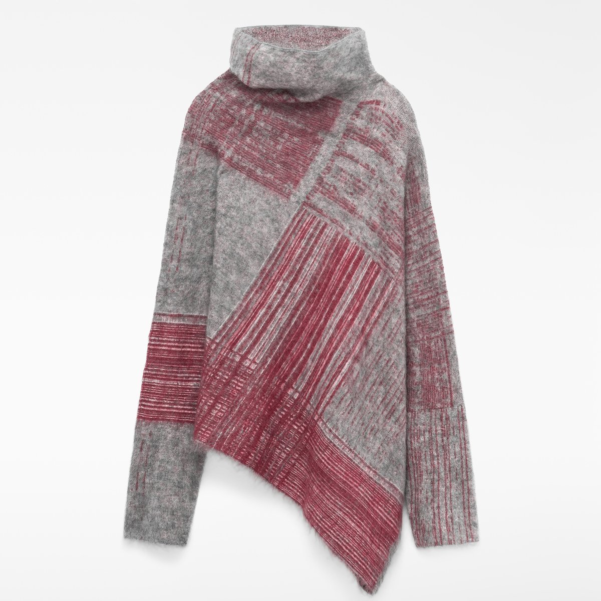 Pull avec mohair et laine mérinos à bas asymétrique grenat/gris, ADOLFO DOMINGUEZ