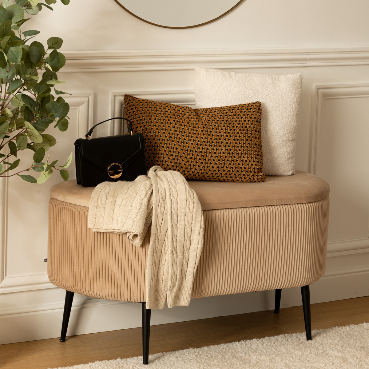 Banc coffre de rangement en velours SOLARO beige, ATMOSPHERA