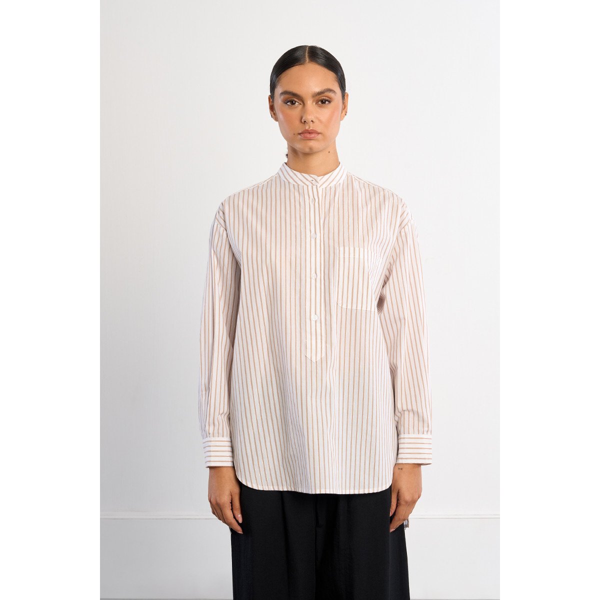 Chemise col Mao en coton beige, LILI SIDONIO