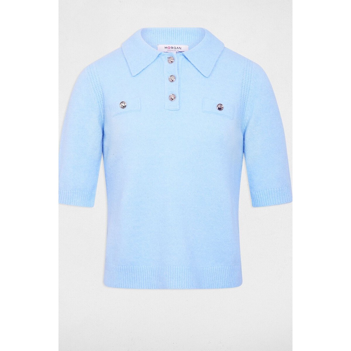 Pull manches courtes col polo bleu, MORGAN