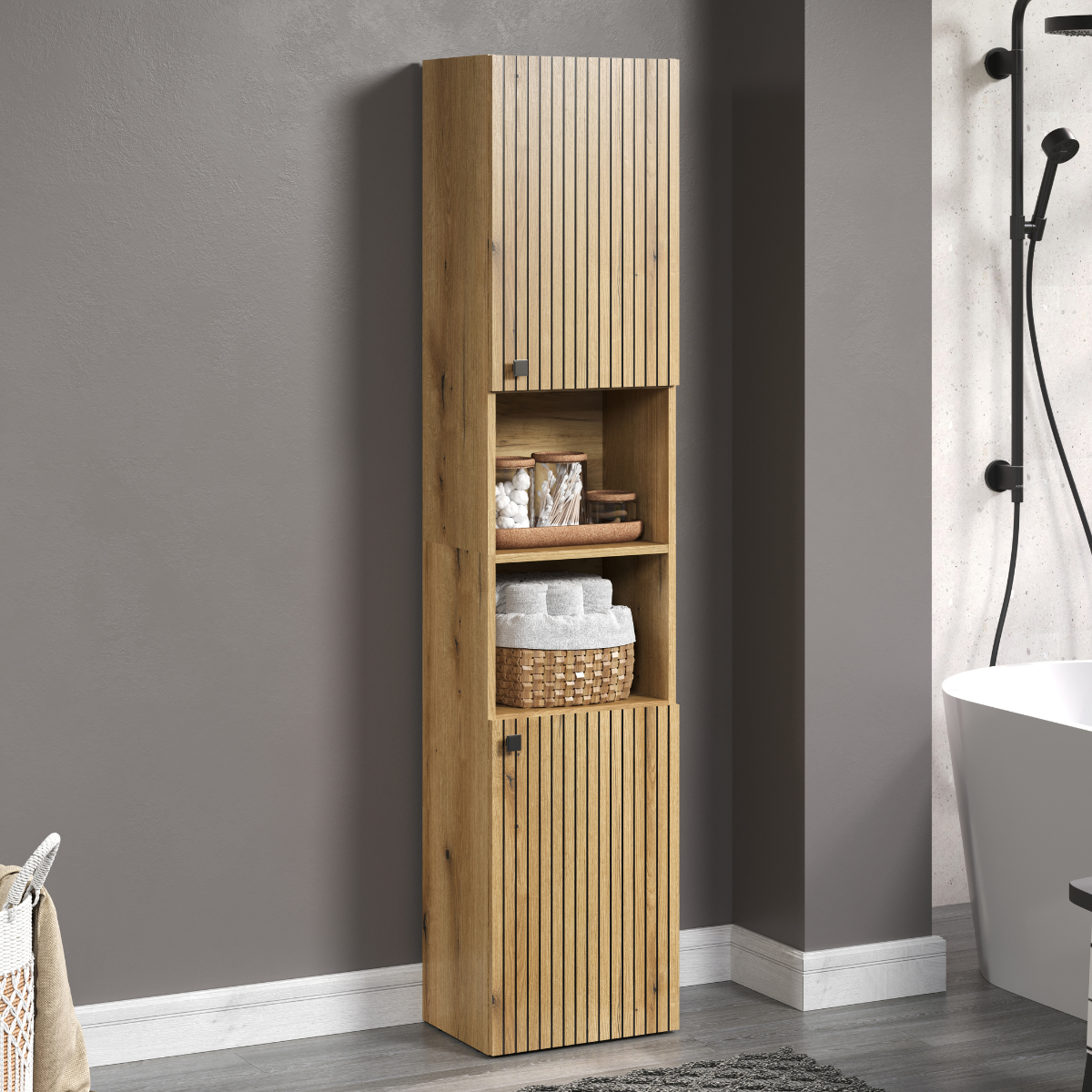 Colonne de salle de bain rainurée 2 portes, 2 niches H186 cm - PUREBLISS chêne blond et noir mat, CALICOSY